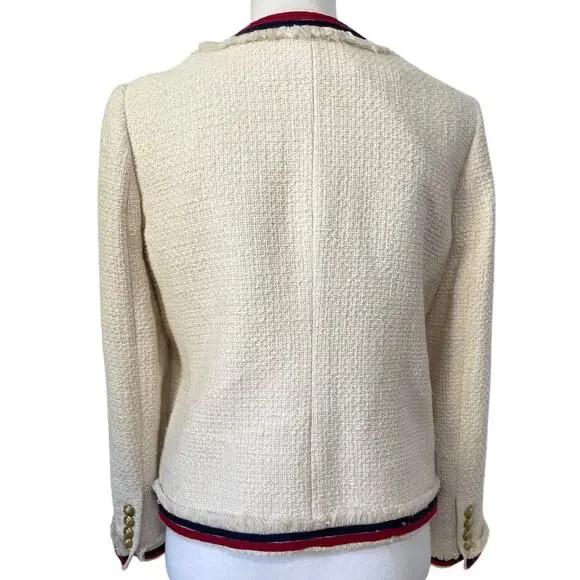 J.Crew Lady Jacket Blazer Tweed Cropped Fringe Fringy White Red Navy Blue Size 6 - Picture 12 of 13